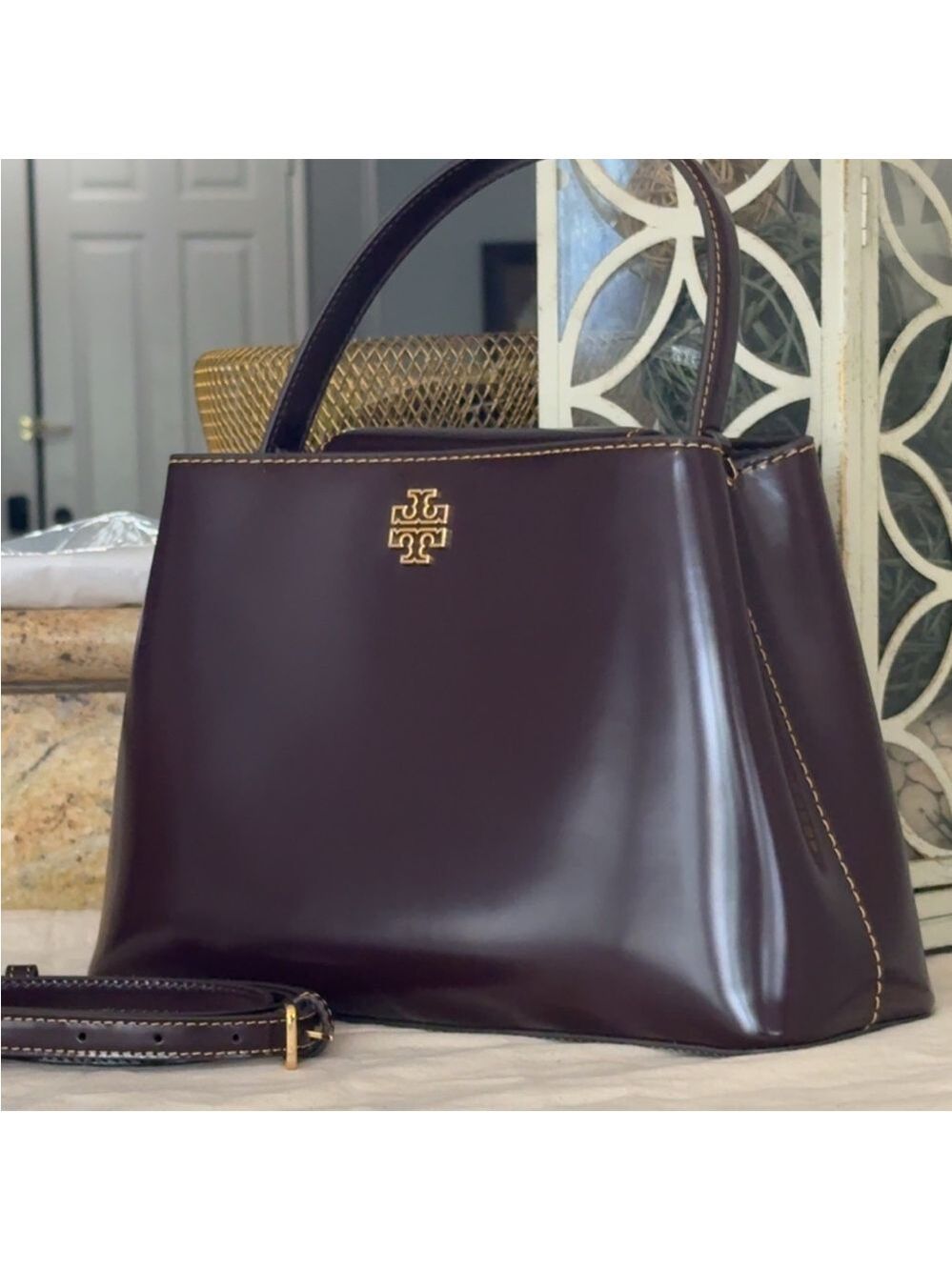 700+! New Women's Tory Burch BRITTEN SMOOTH SATCHEL TEMPRANILLO / Gold
